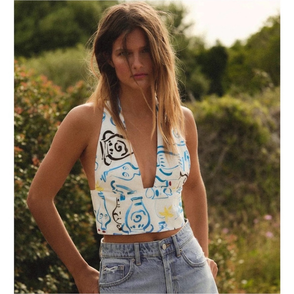 Zara PRINTED POPLIN CROP TOP - BLUE / WHITE - size XS